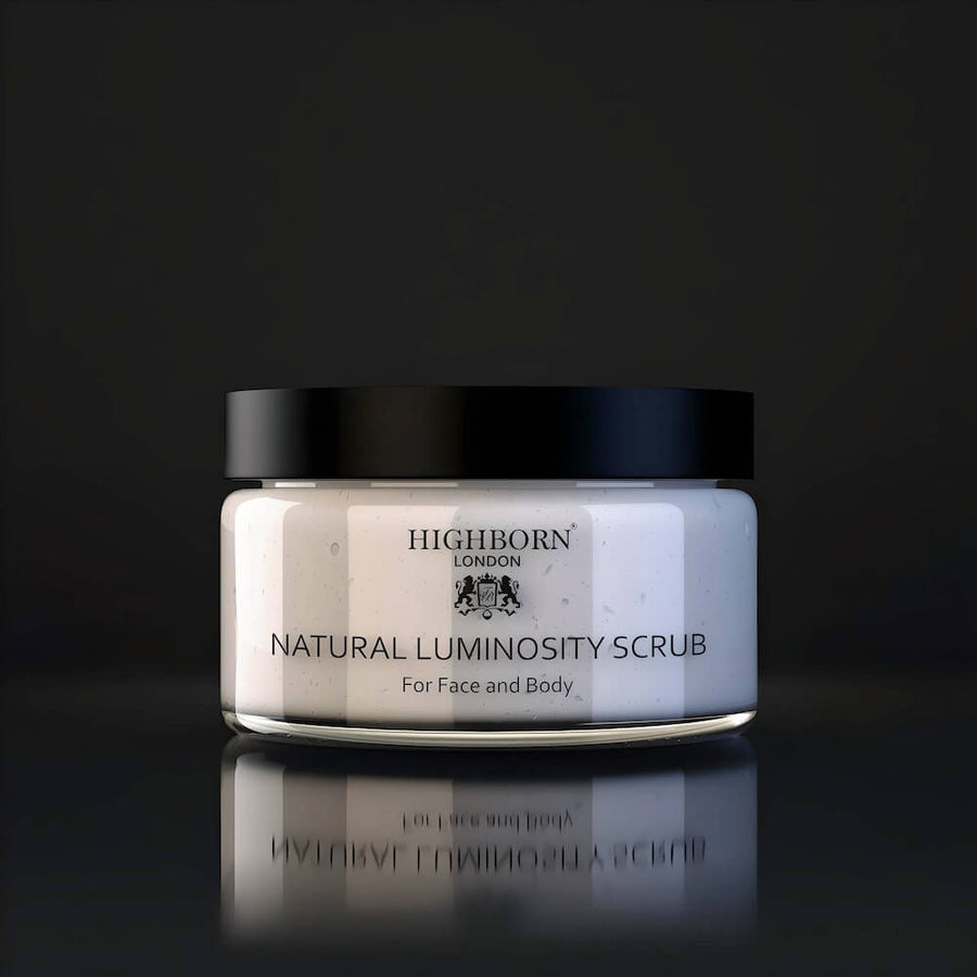 Jar of Highborn London Natural Luminosity Scrub on a black background