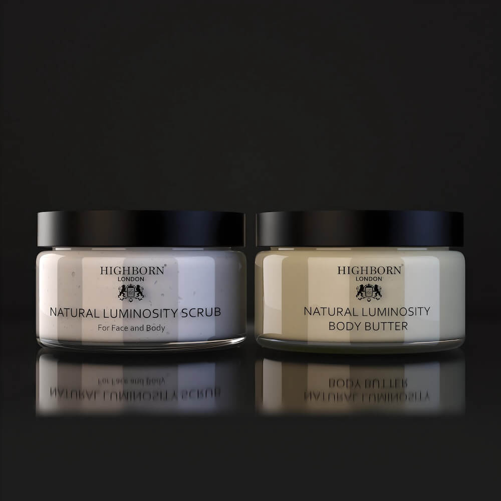 Two jars of Highborn London Natural Luminosity Scrub and Body Butter on a black background