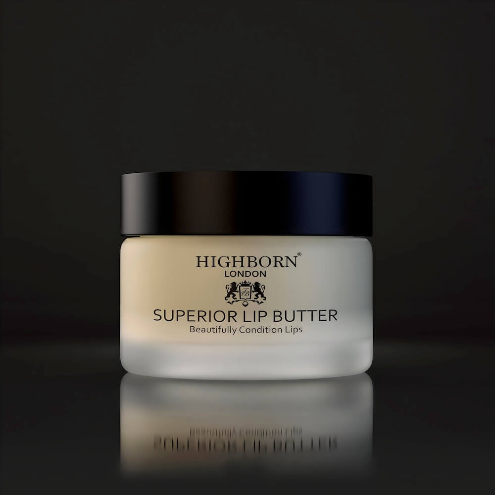 Highborn London Superior Lip Butter jar on a dark background