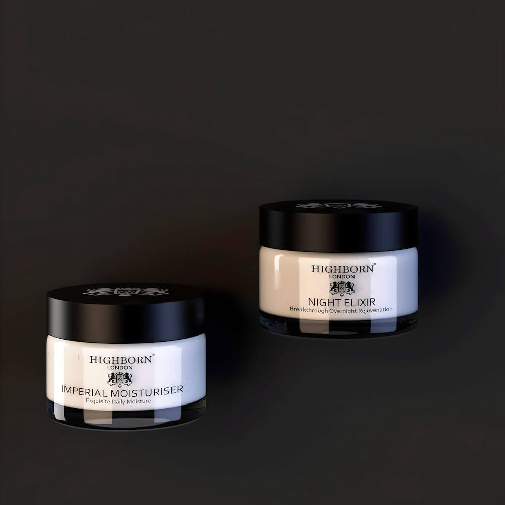 Two jars of Highborn London skincare products on a dark background