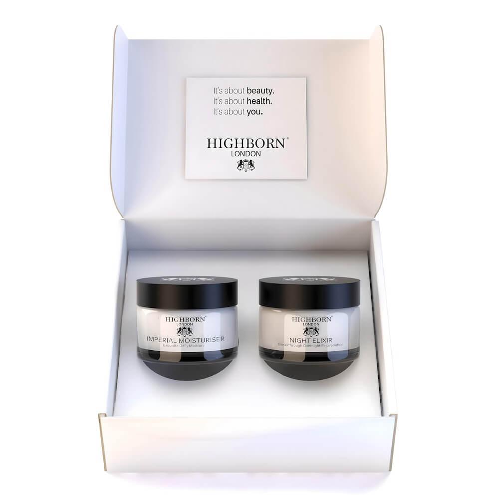 Two Highborn skincare products in a box with a visible brand logo.