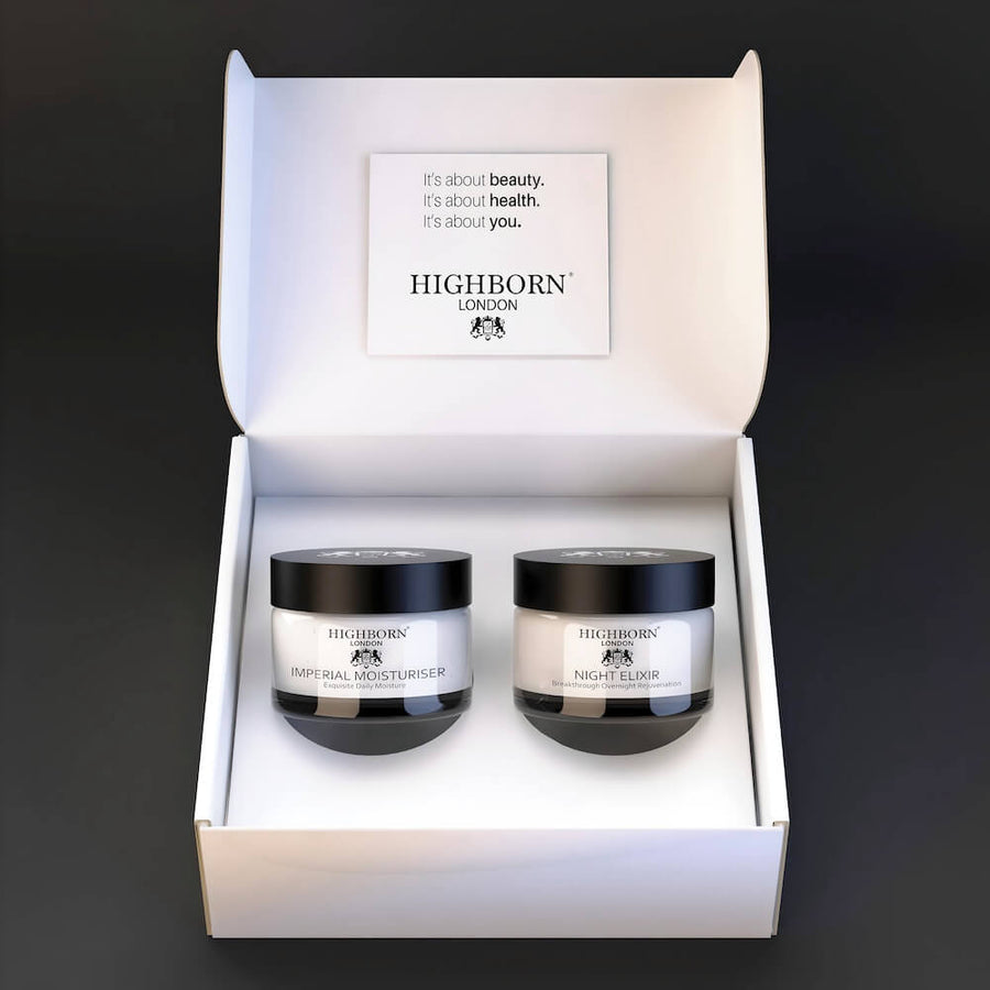 Two jars of Highborn skincare products in a white box on a black background