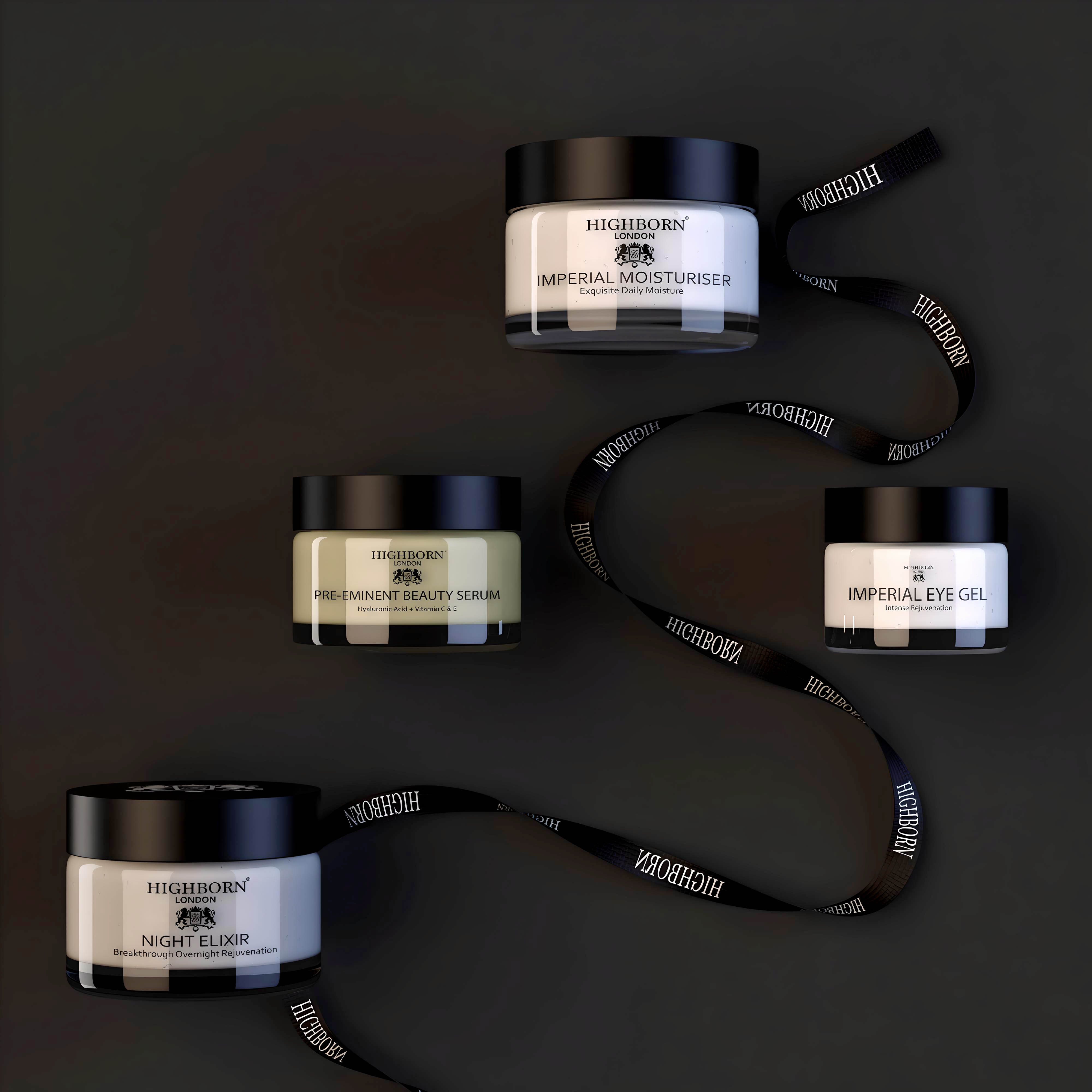 Collection of Highborn skincare products on a dark background