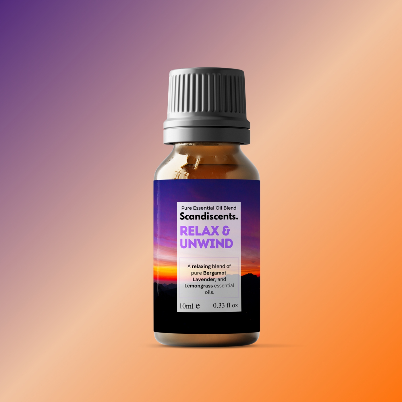 Bottle of Scandiscent essential oil blend with a colorful label on a gradient background