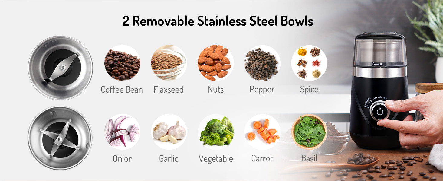 Coffee Grinder Electric 70g with 2 Stainless Steel Cups Spice Nuts SHARDOR