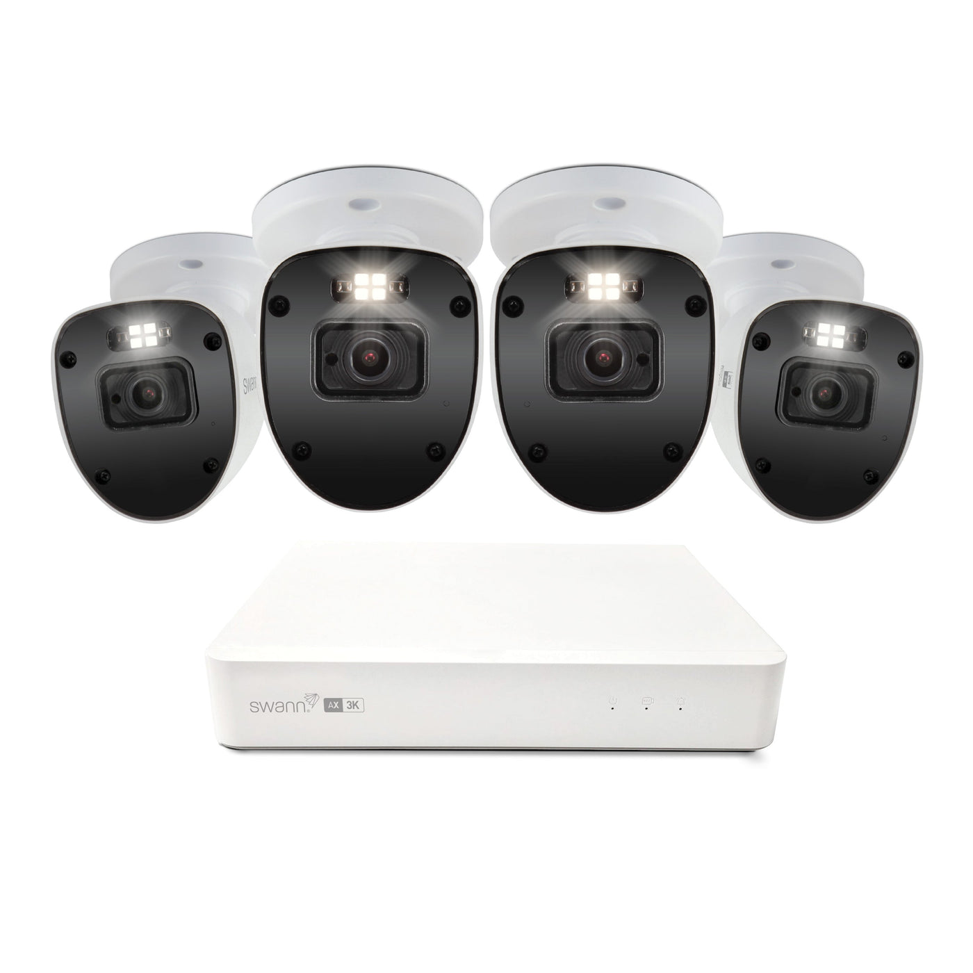 Set of security cameras with a central control unit on a white background