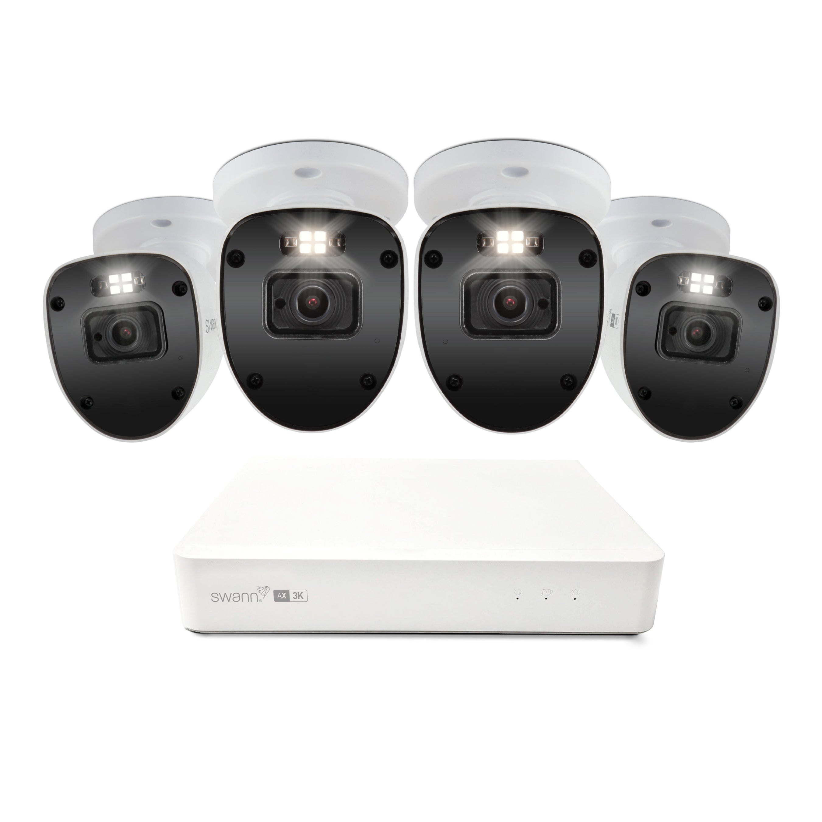 Set of security cameras with a central control unit on a white background