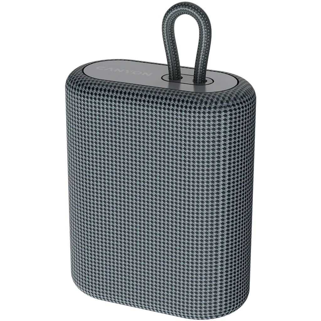 Portable speaker with a textured surface and handle on a white background