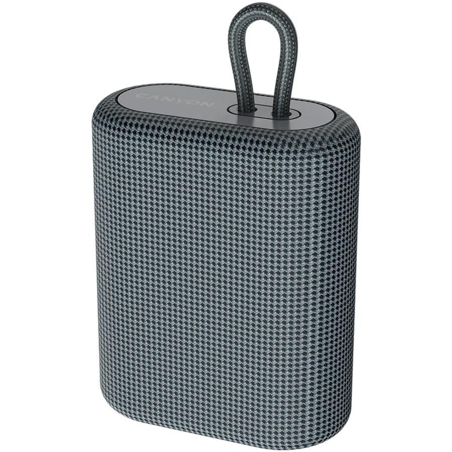 Portable speaker with a textured surface and handle on a white background
