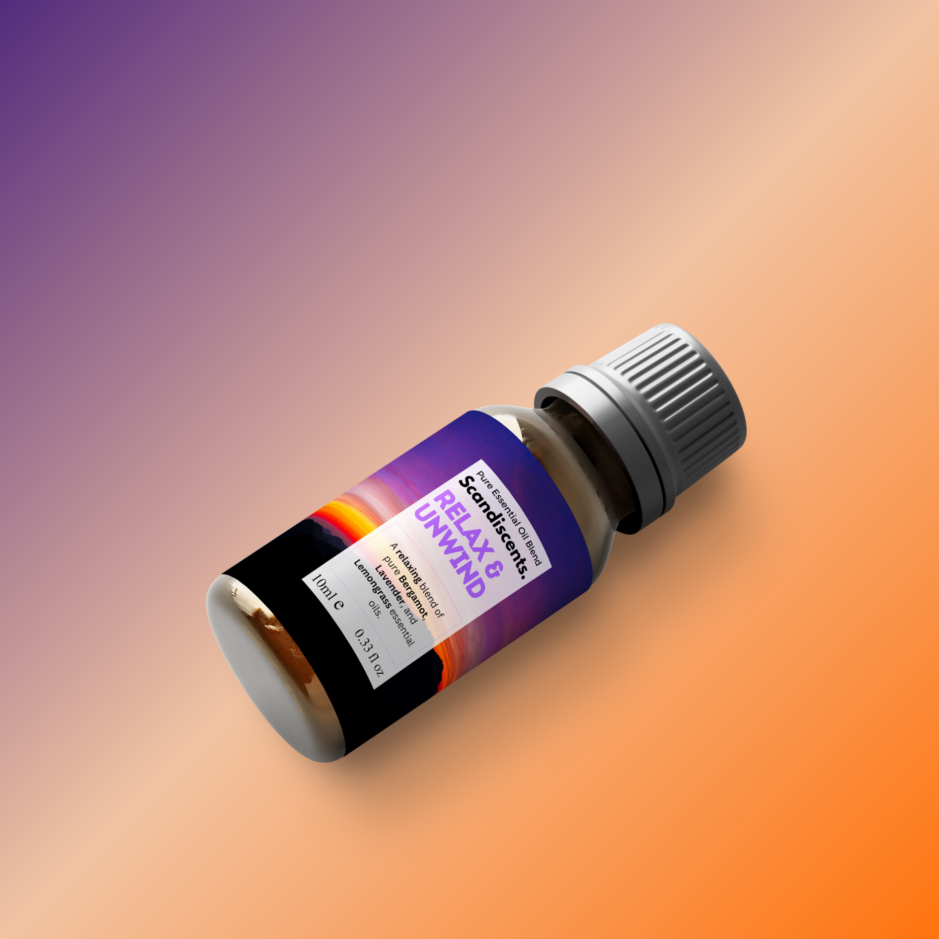 Bottle of Scentsicenses Unwind essential oil on a gradient background