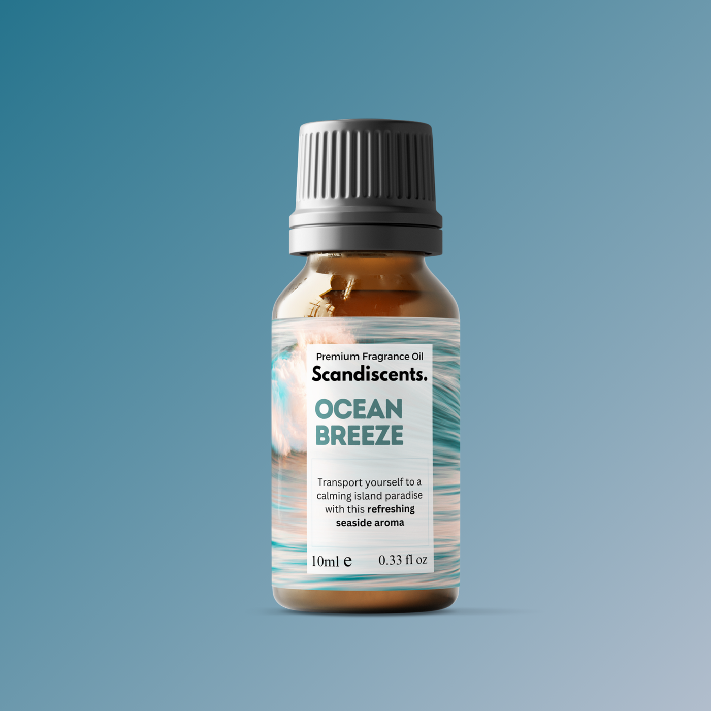 Bottle of Scandiscents Ocean Breeze fragrance oil on a blue background