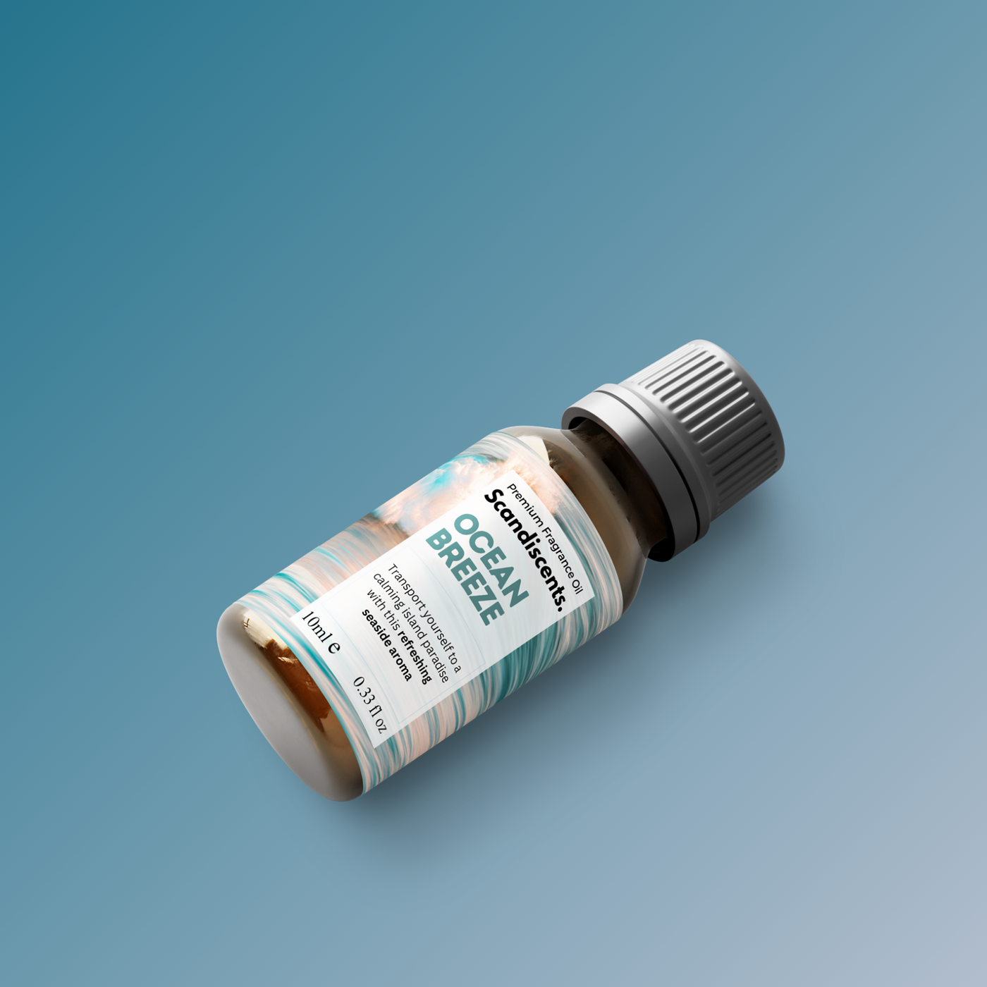 Small bottle labeled 'Ocean Breeze' on a blue background