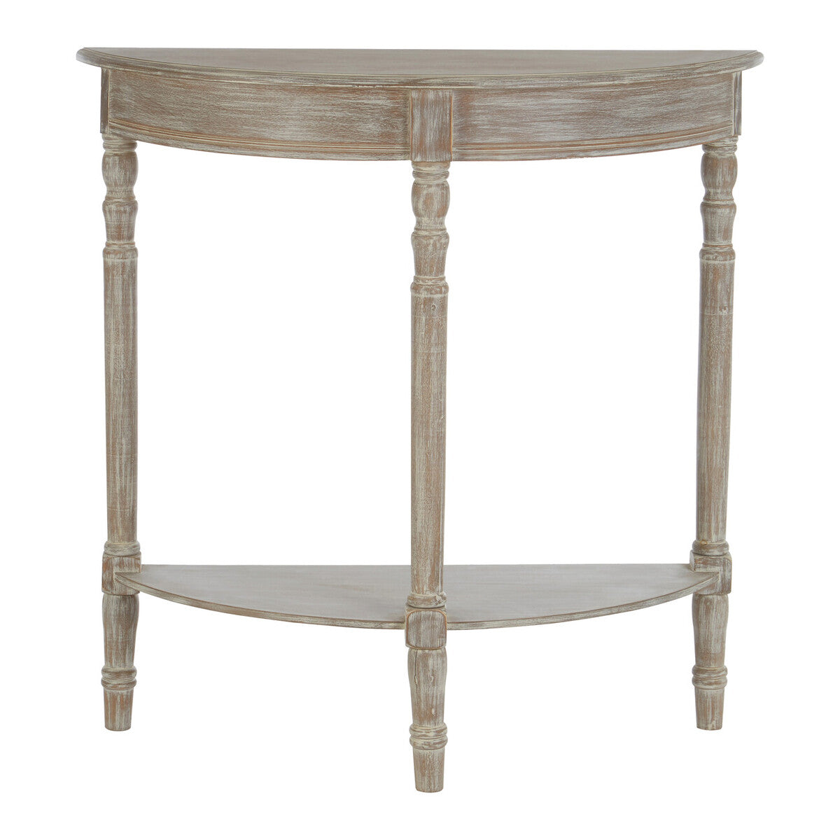 Wooden half-moon console table with a white background