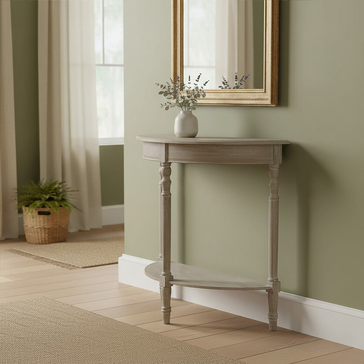 Half Moon Console Table Pine Wood Narrow Hallway Storage Shelf Orsina