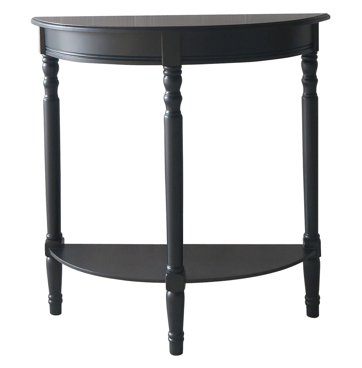 Black half-moon side table on a white background