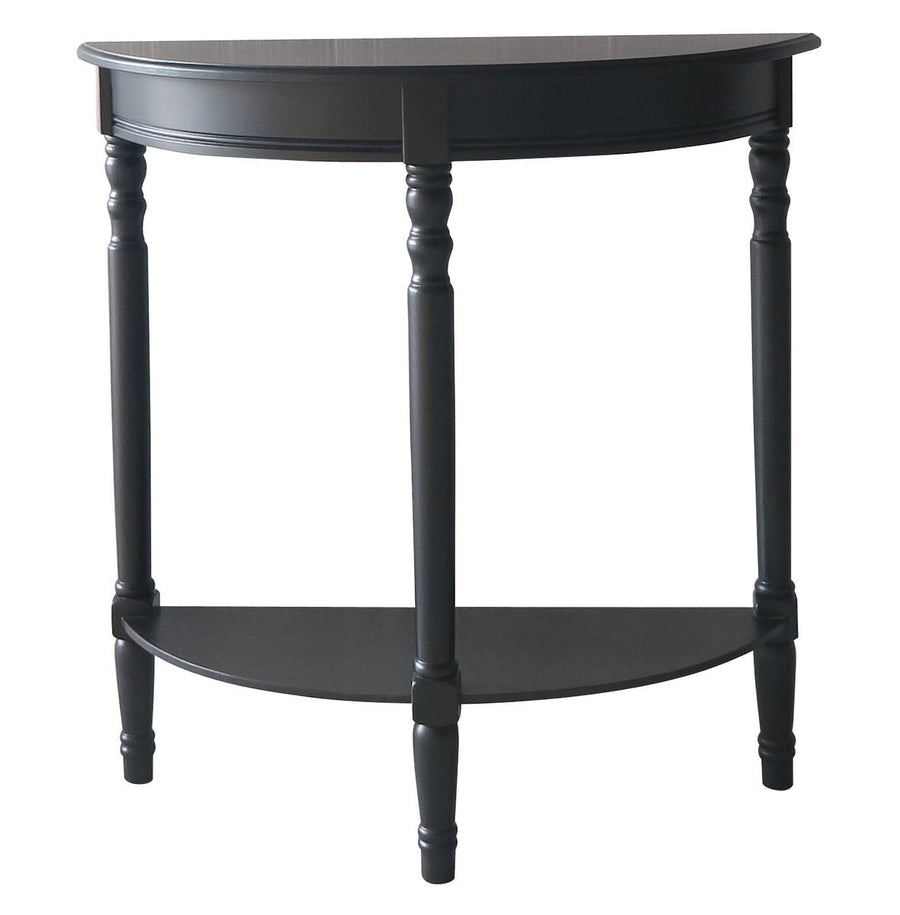 Black half-moon side table on a white background