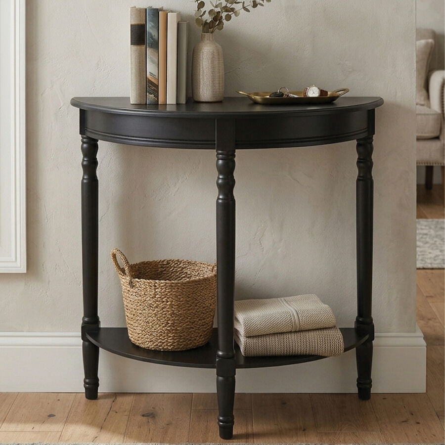 Console Table Half Moon Black Wood Storage Shelf Spindle Legs Entryway Orsina