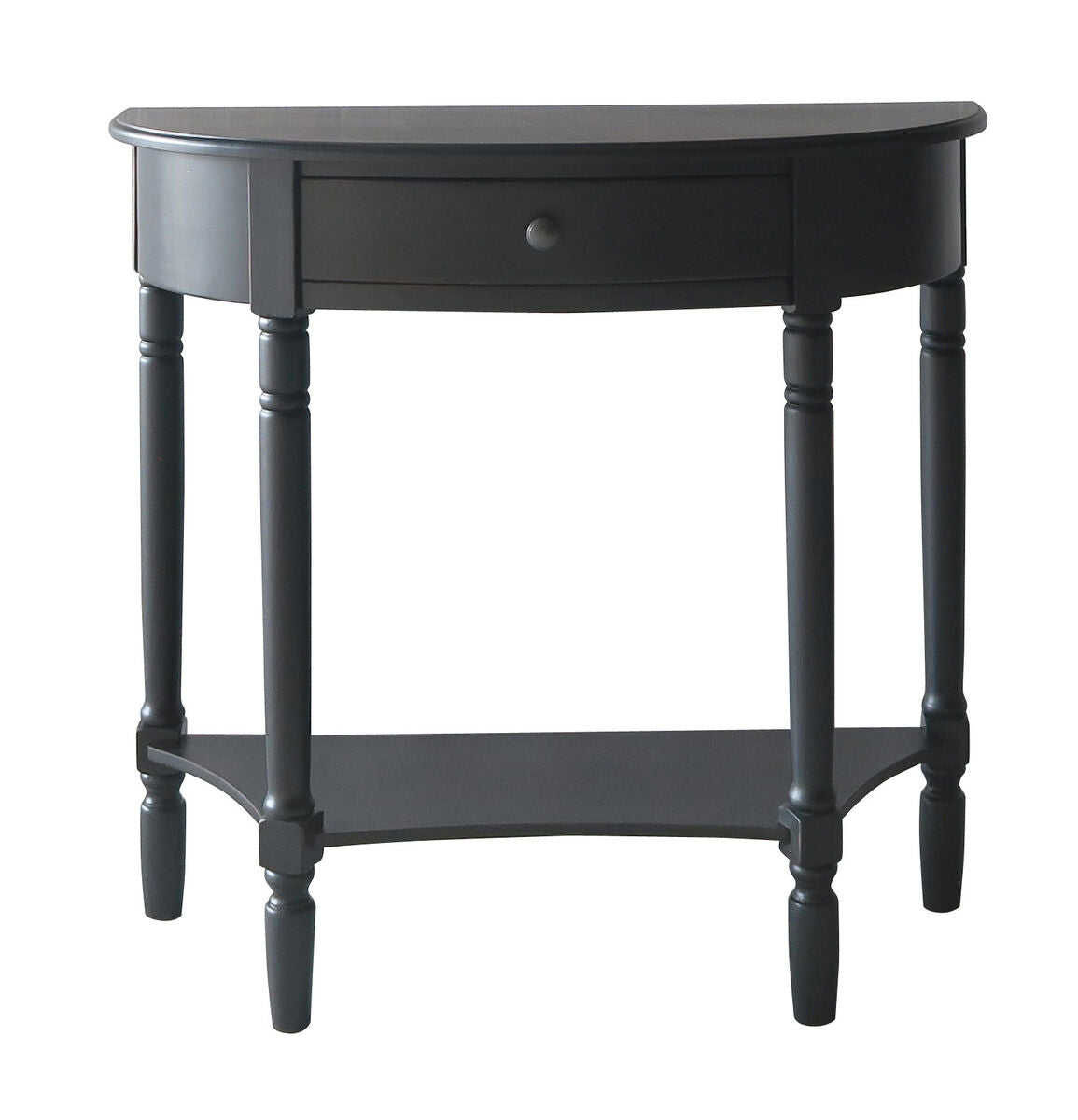 Black half-moon console table with a drawer on a white background