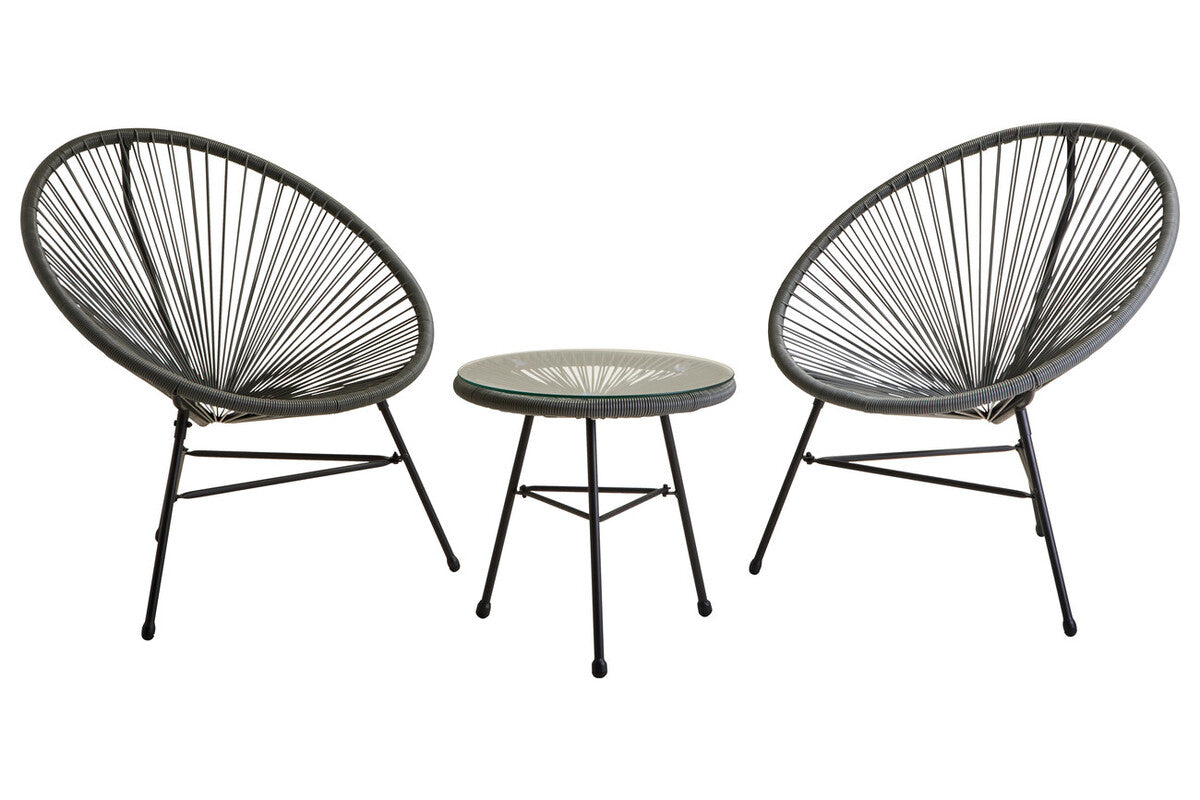 Set of two black wireframe chairs with a matching round table on a white background