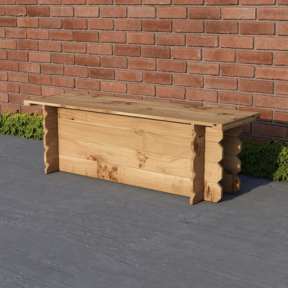 Wooden bench against a brick wall with a gray pavement background