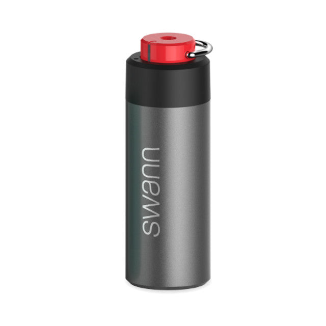 Gray water bottle with red cap and Swann logo on a white background
