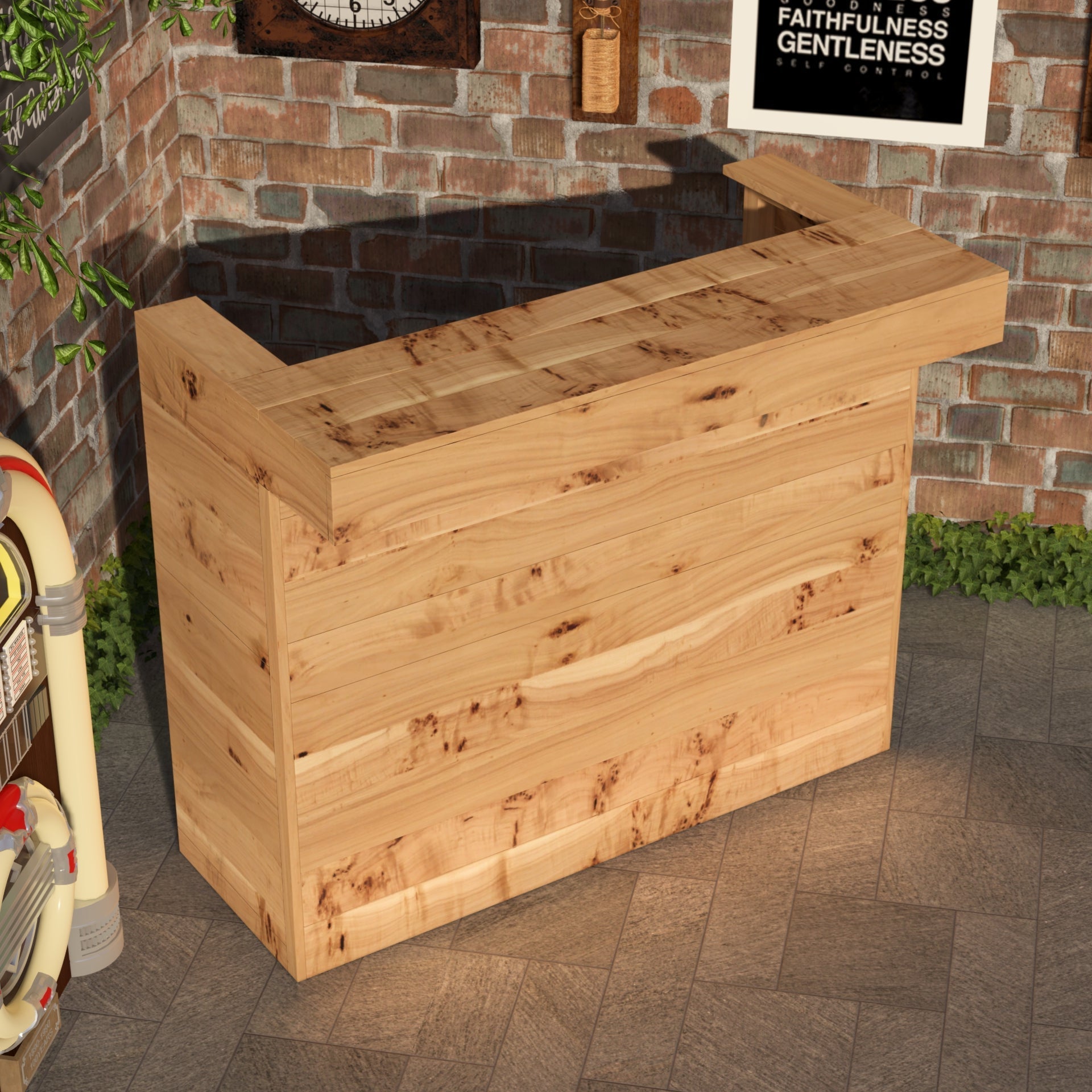 Wooden planter box against a brick wall