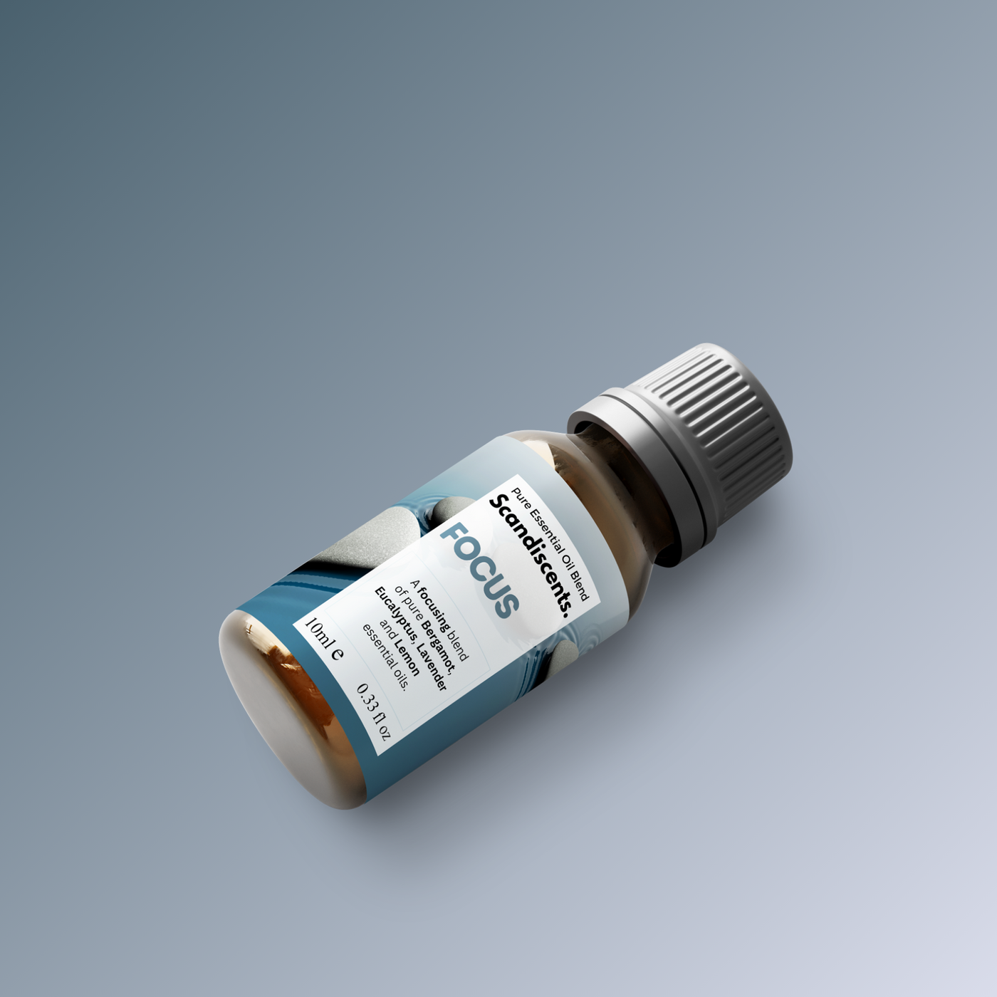 Bottle labeled 'focus' on a gradient gray background