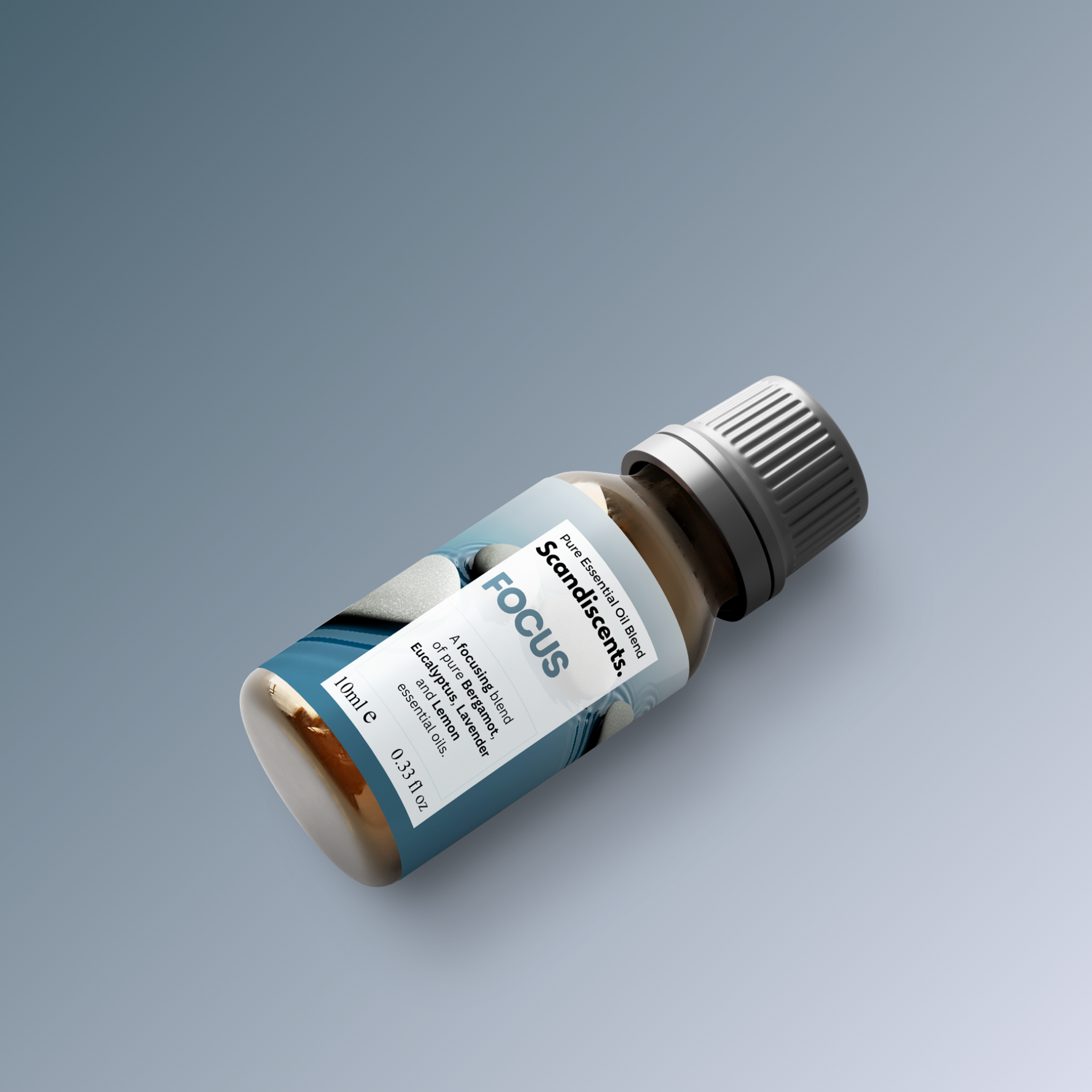 Bottle labeled 'focus' on a gradient gray background