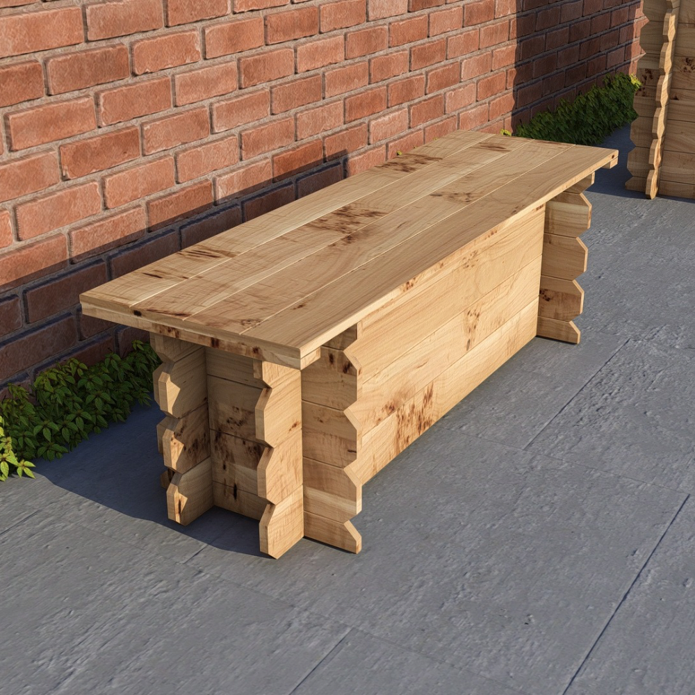 Wooden bench against a brick wall on a patio