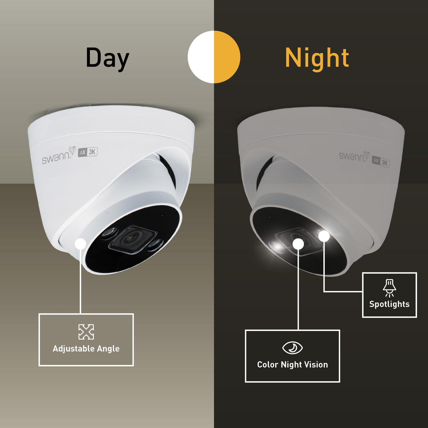 Swann security camera showing day and night functionality with adjustable angle and color night vision features.