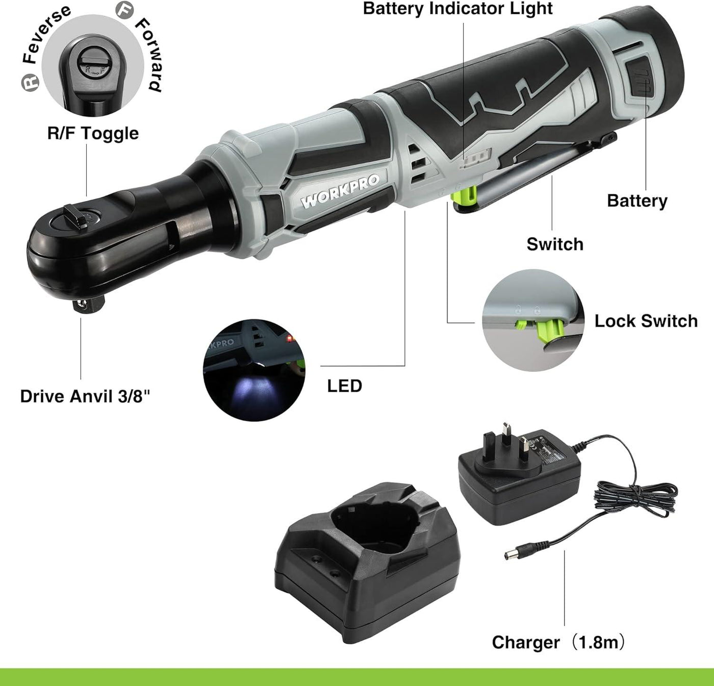 WORKPRO 12V Cordless Ratchet Wrench & Polisher Kit, 7 Sockets, 1 Battery