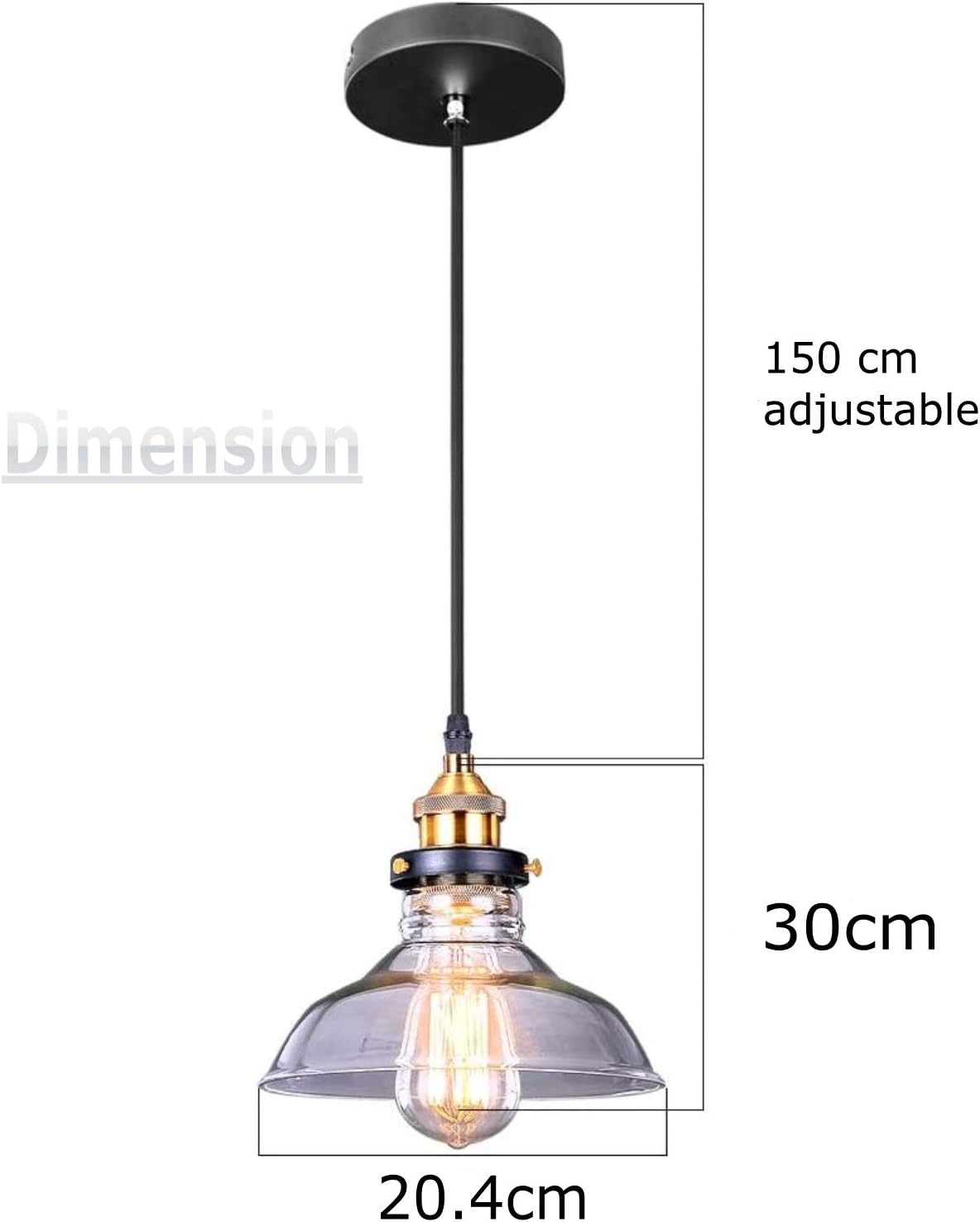 Pendant light with dimensions labeled on a white background