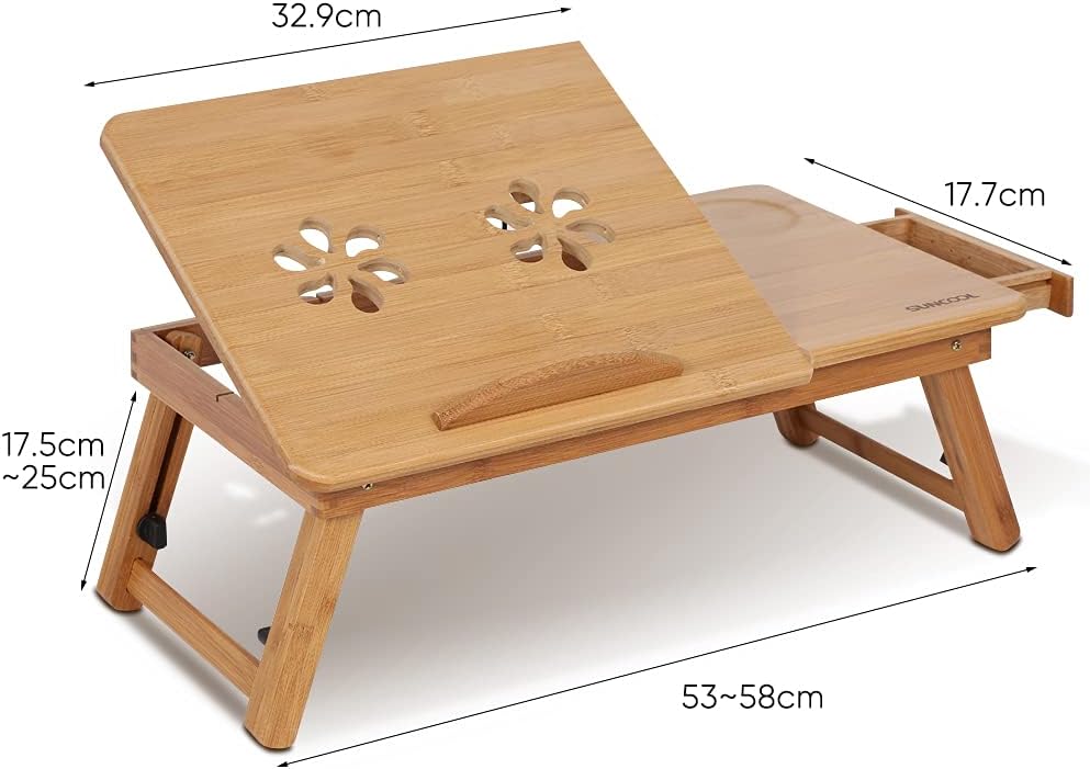 Wooden laptop desk with dimensions on a white background