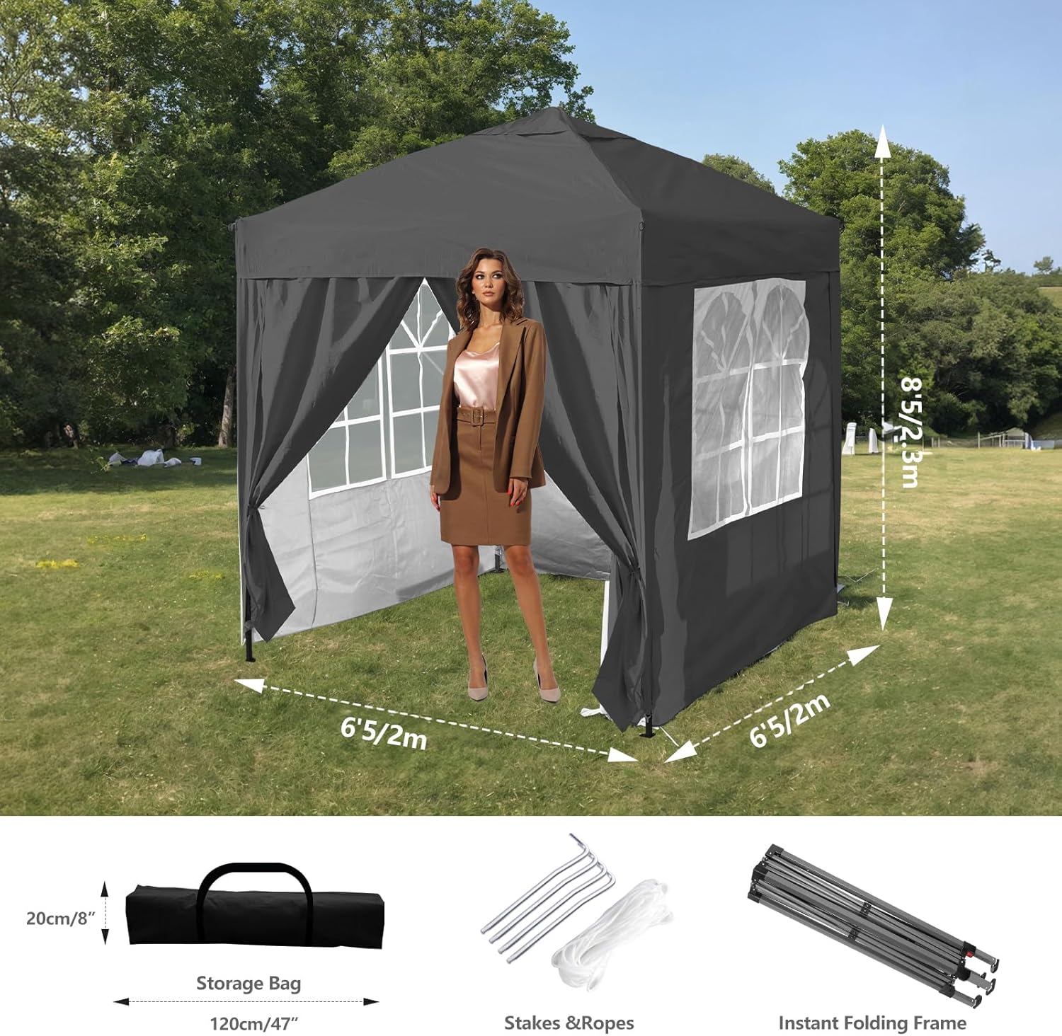 Black outdoor canopy tent with measurements and accessories on a grassy area.