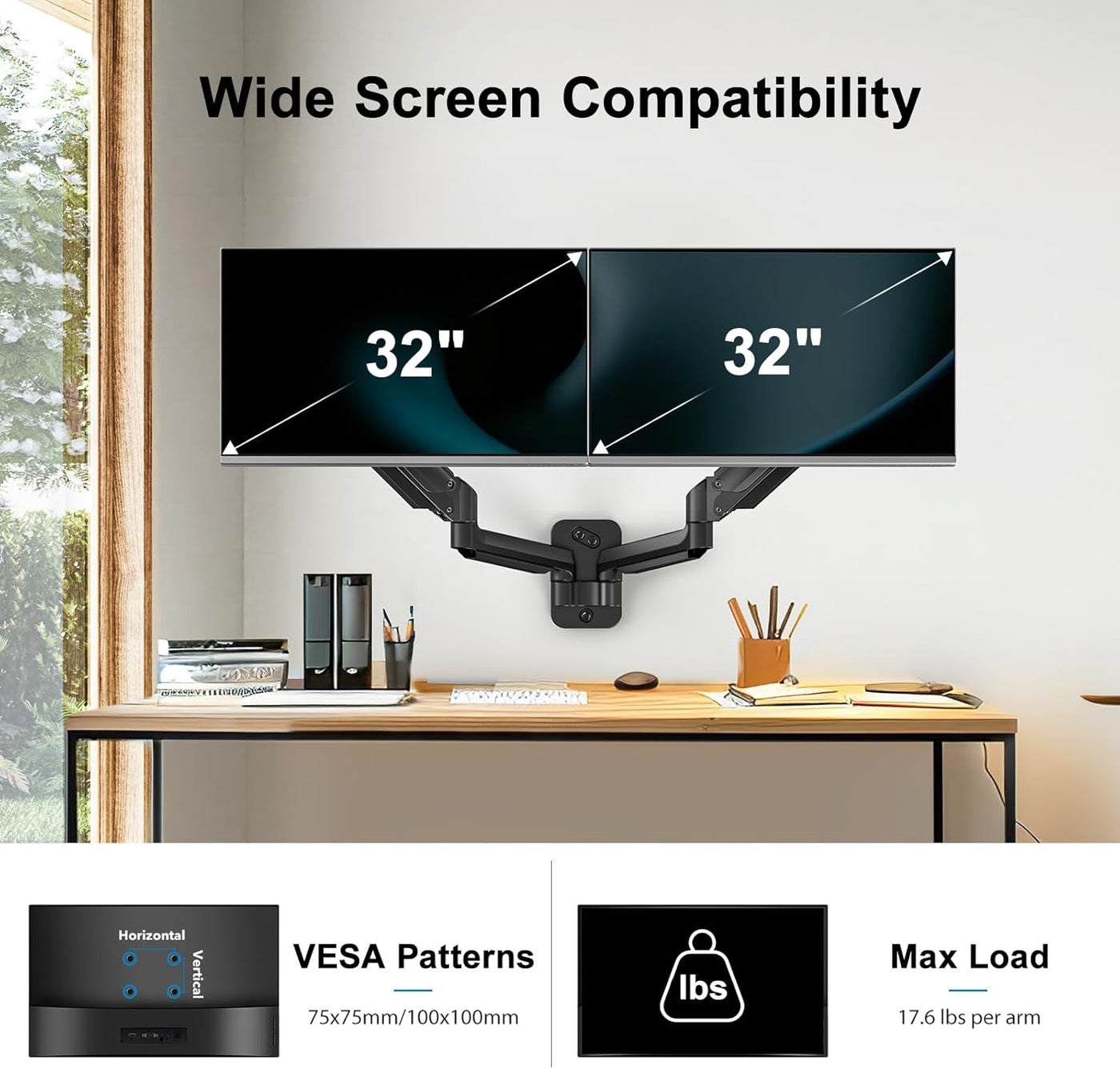 HUANUO Dual Monitor Wall Mount for 32'', Gas Spring Arm VESA 75/100