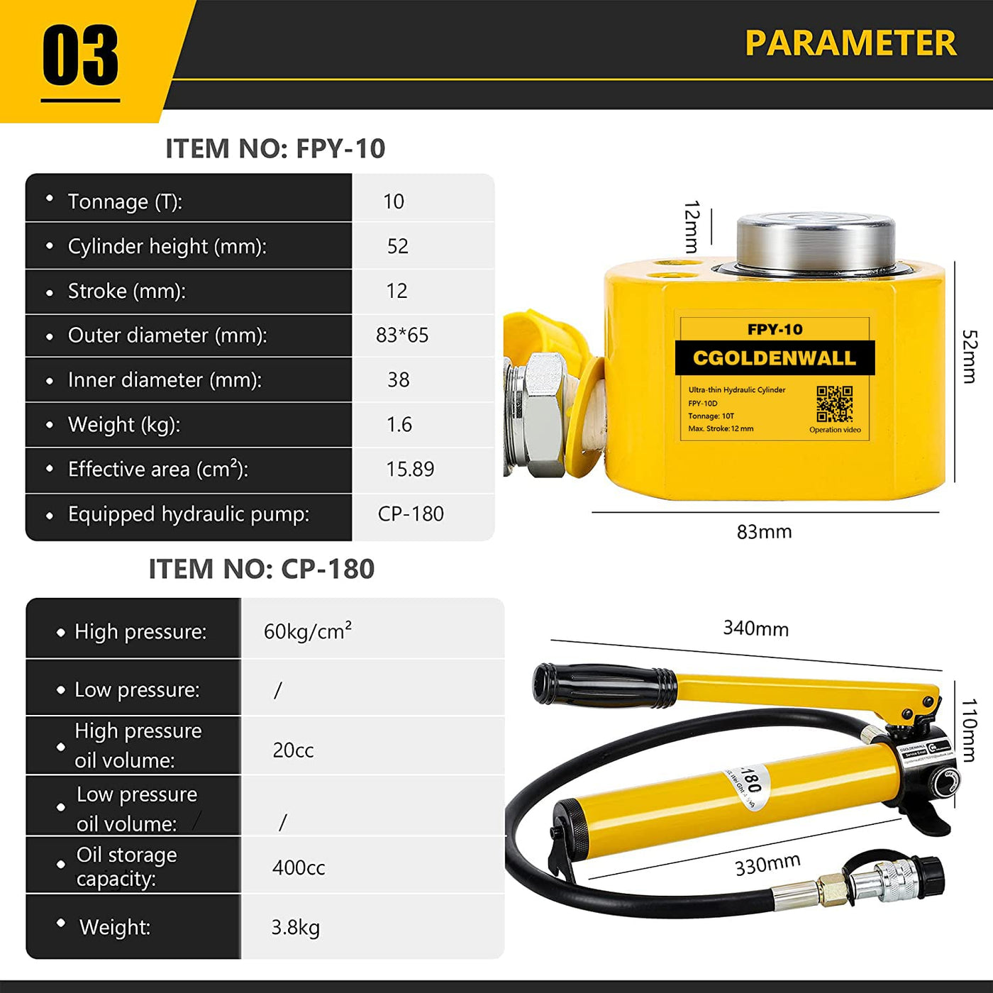 CGOLDENWALL 10T Ultra-Thin Hydraulic Jack, 10mm Stroke, Hand Pump Included