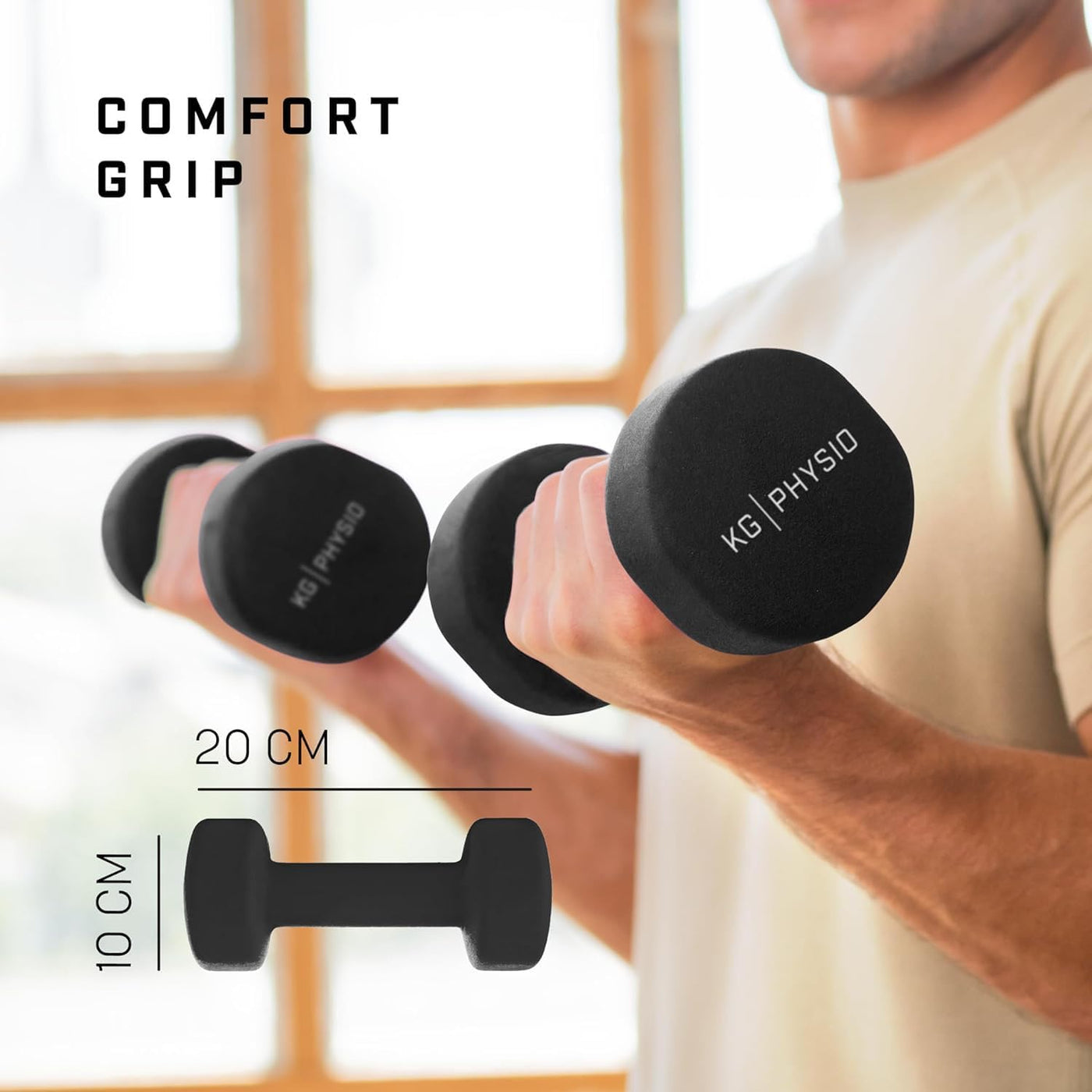 KG Physio 2x10kg Neoprene Dumbbell Set - Sweat-Resistant, Anti-Roll + Poster