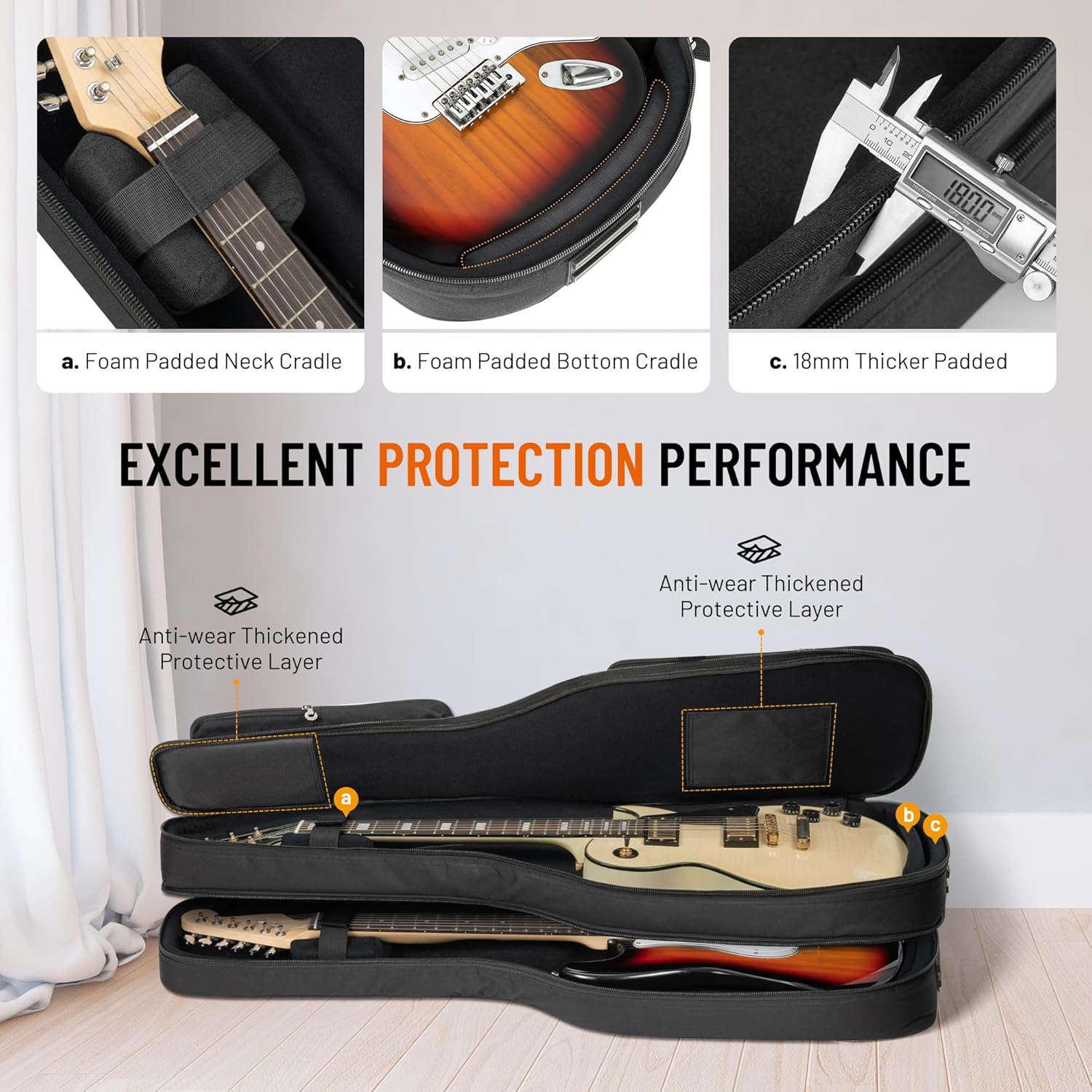 Guitar case with detailed features and text highlighting protection performance on a white background.