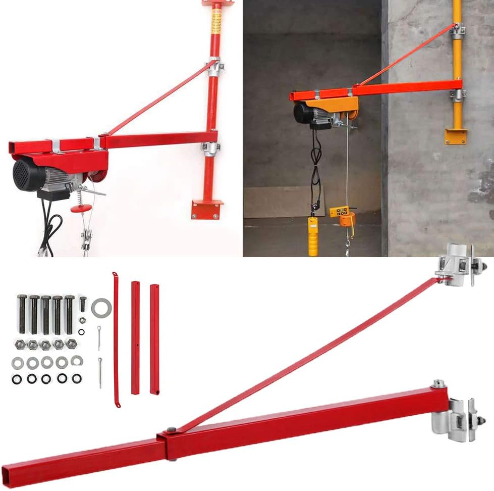 Red and yellow crane system with components on a white background