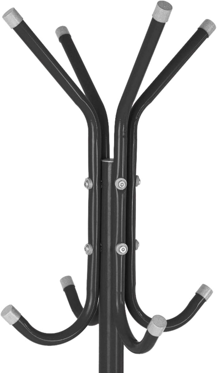 Black metal coat rack with multiple hooks on a white background