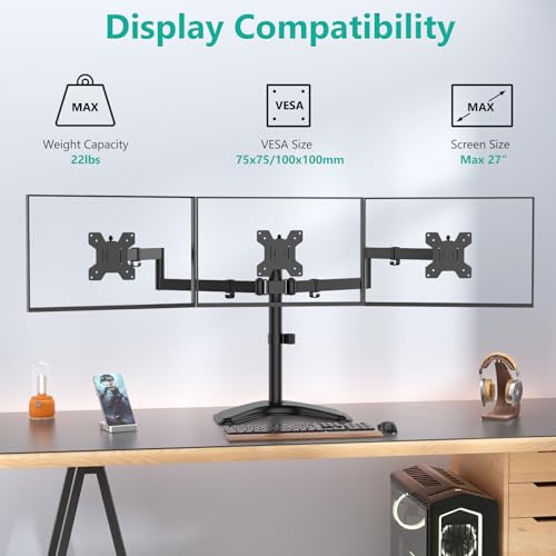 Triple Monitor Stand 27 Inch Free Standing Adjustable VESA Black WALI