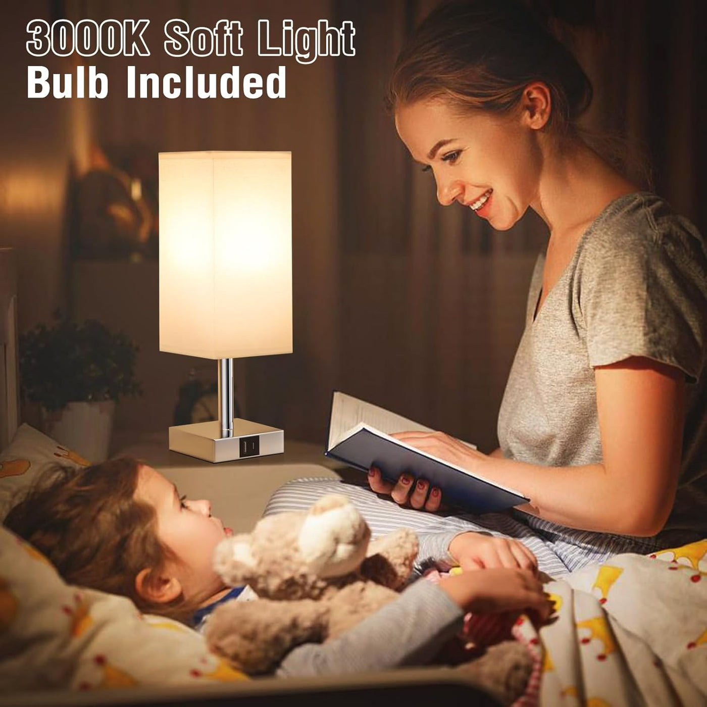 Aooshine Touch Bedside Lamps Set of 2, USB-C+A, 3-Way Dimmable, Bulbs Included