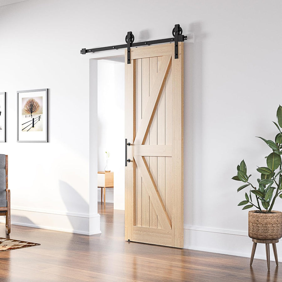 Wooden sliding barn door in a modern interior setting with a plant and furniture.