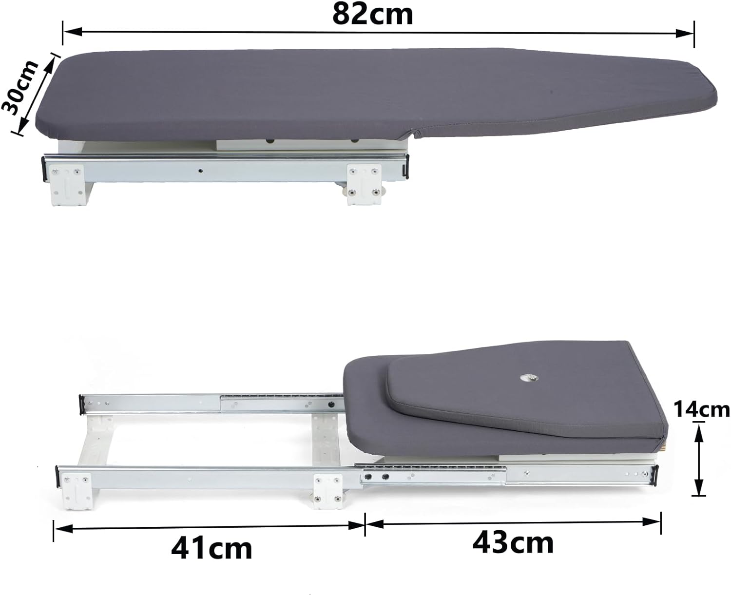 Dimensions of a folding ironing board with gray surface and white frame.