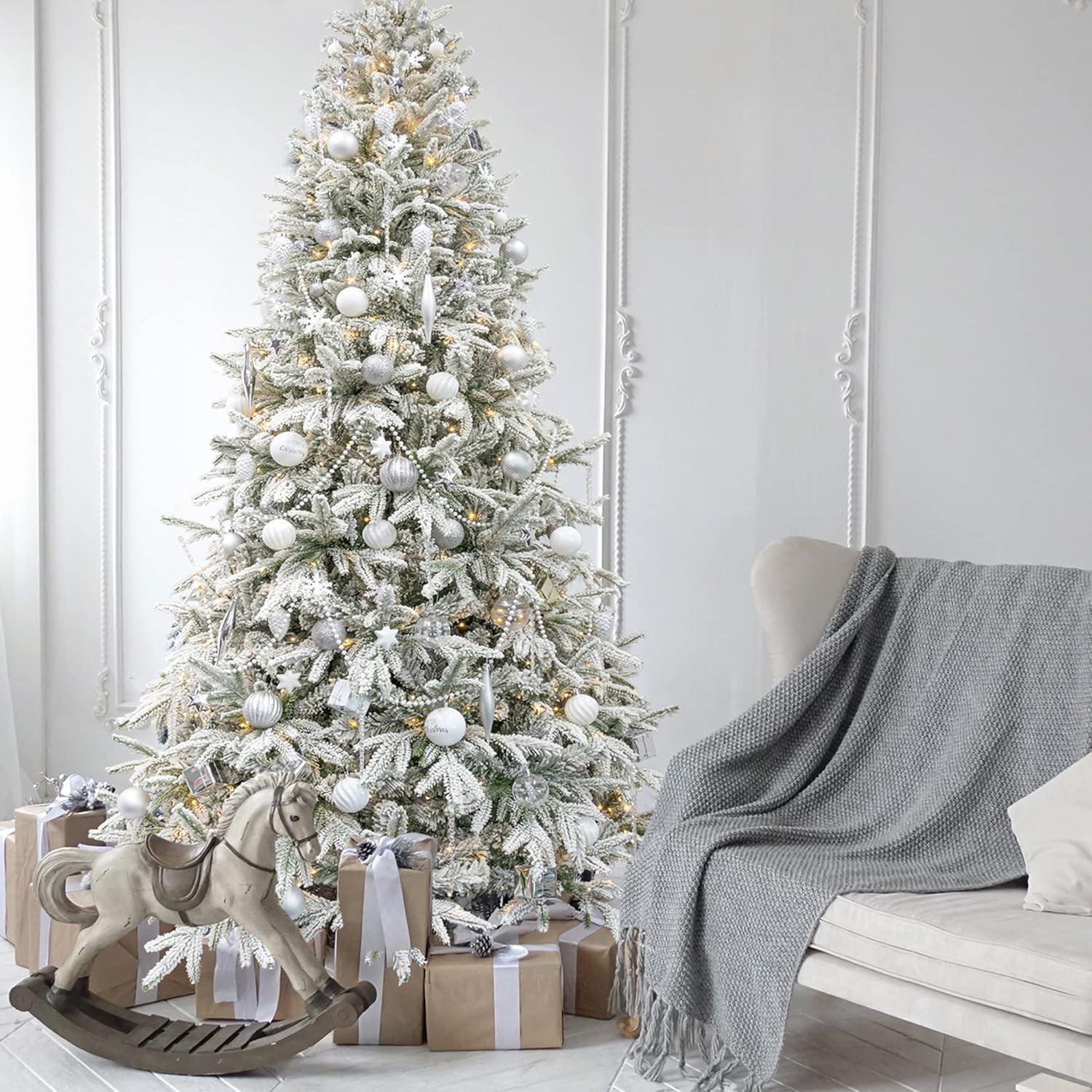 6.5ft Flocked Christmas Tree - Hinged Artificial Pine for Realistic Xmas Decor