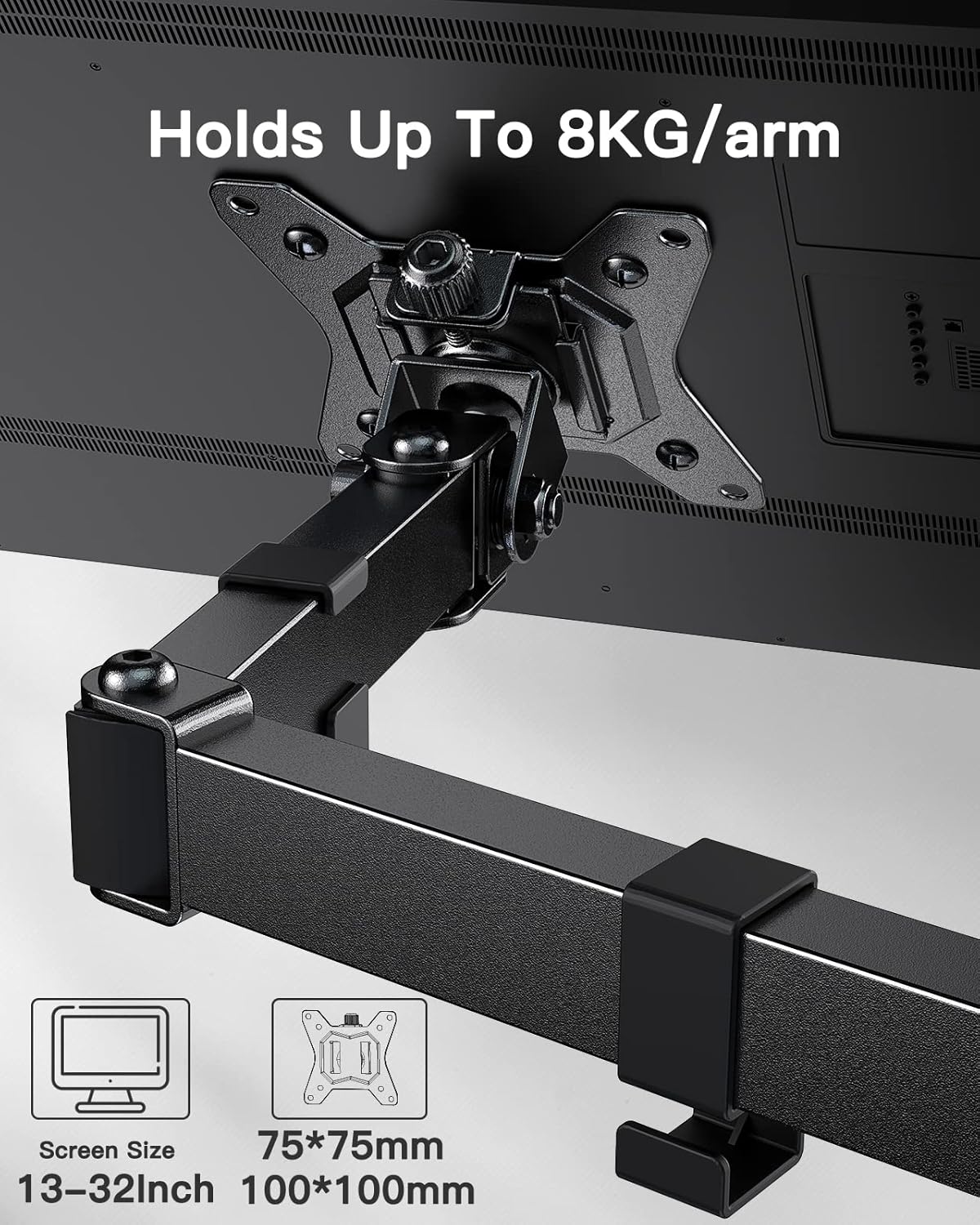 Black monitor arm with mounting bracket on a white background, displaying weight capacity and screen size information.