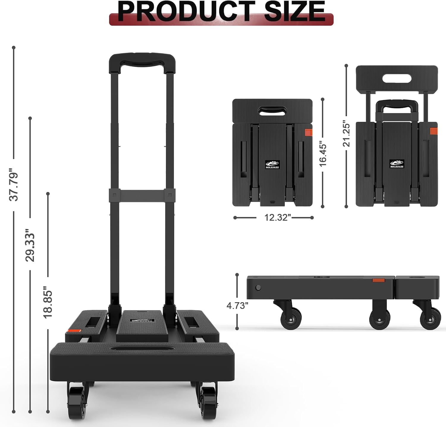 SOLEJAZZ Folding Hand Truck 230KG, 6-Wheel Trolley with 2 Bungee Cords, Black