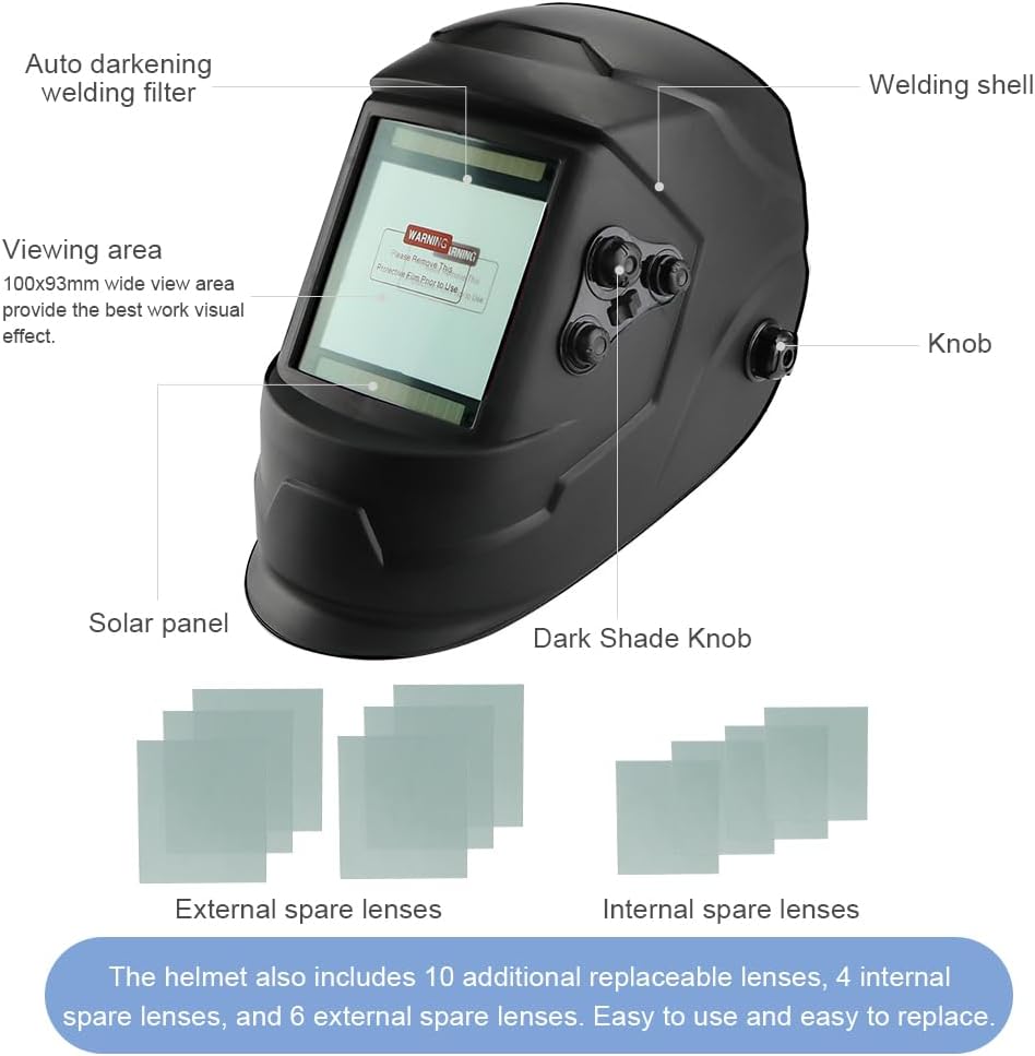 Anesty Solar Auto Darkening Welding Helmet with 4 Sensors Large Screen 10 Lenses