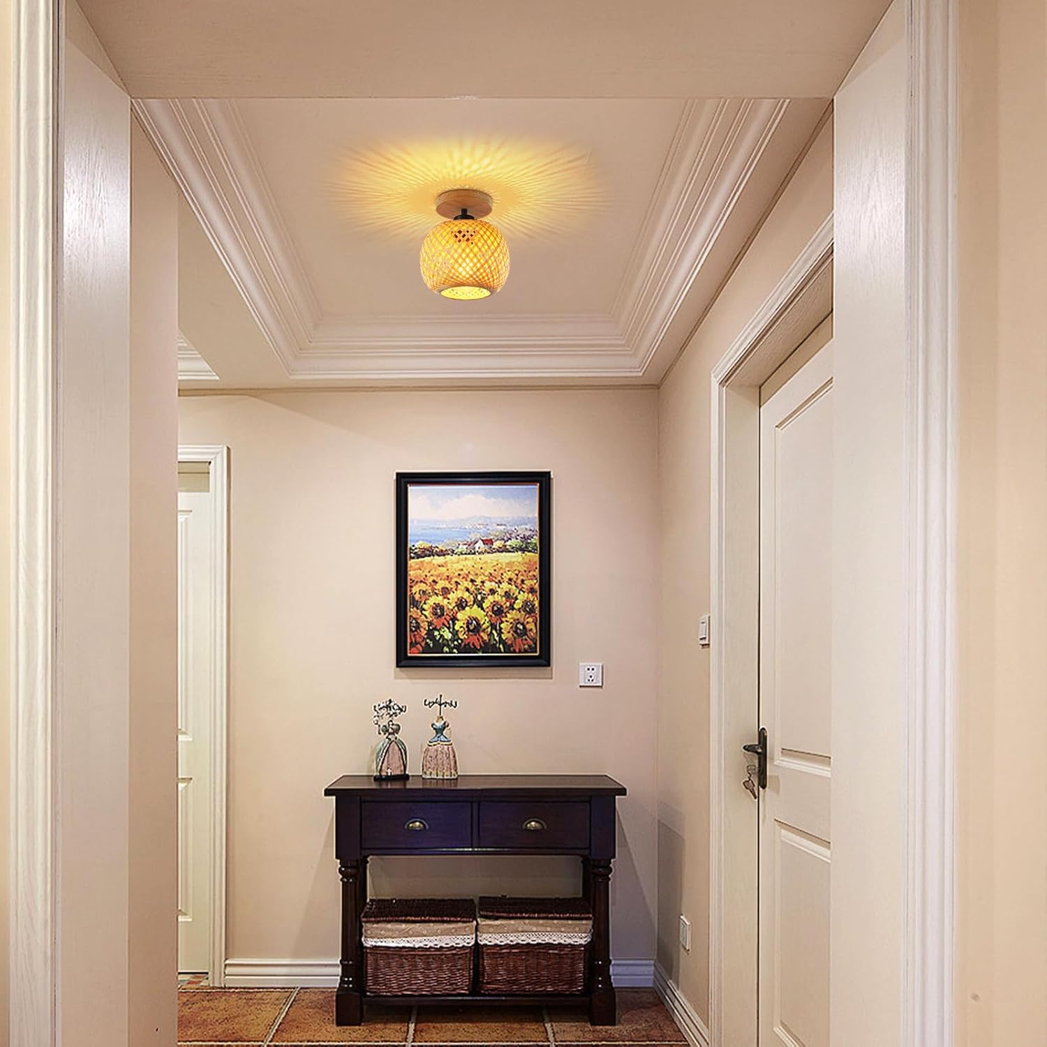 Schindora Bamboo Ceiling Light, Mini Boho Flush Mount Rattan Fixture