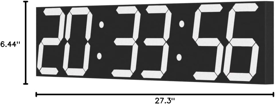 Digital clock with large LED display showing time, dimensions included.